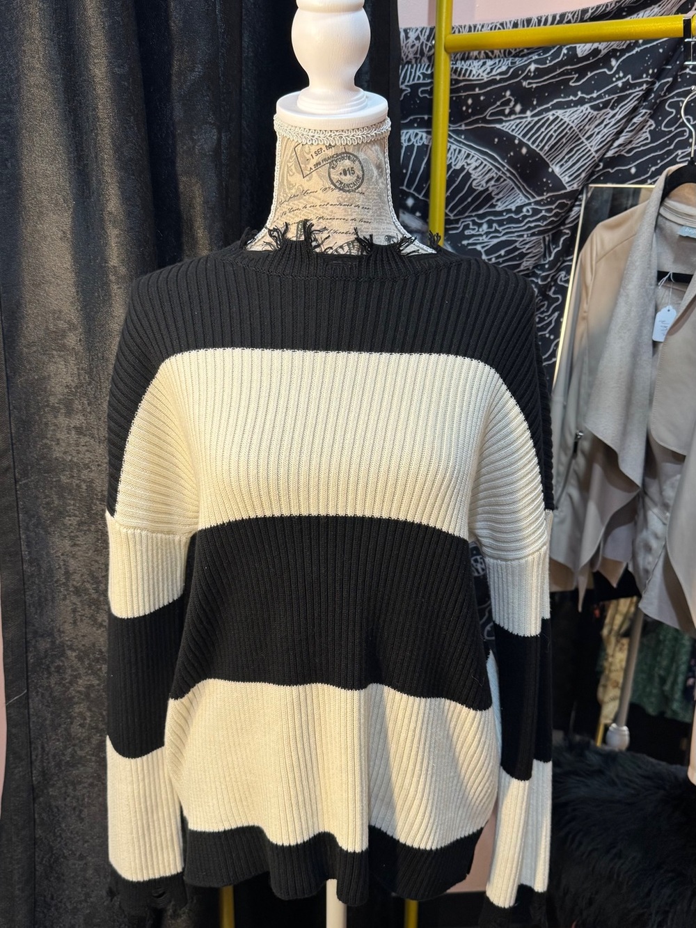 House of Harlow 1960 Black and Cream Wide-Striped Crew Sweater